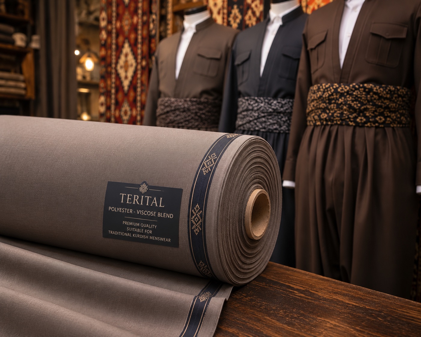 Bolts of suiting cloth before traditional Kurdish garments